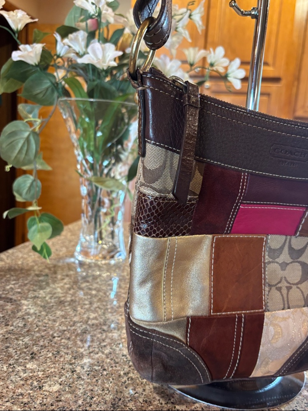Coach Patchwork Shoulder or Crossbody Bag - Suede Brown, Tan, Metallic, Pink - Picture 9 of 16